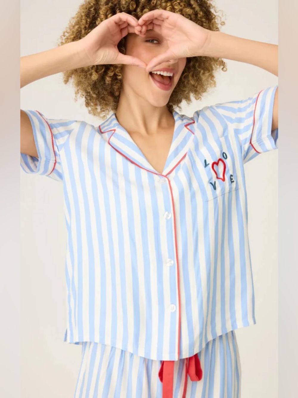PJ Salvage Lady Luck Striped Pajama Top Blue White Red Heart Size Large